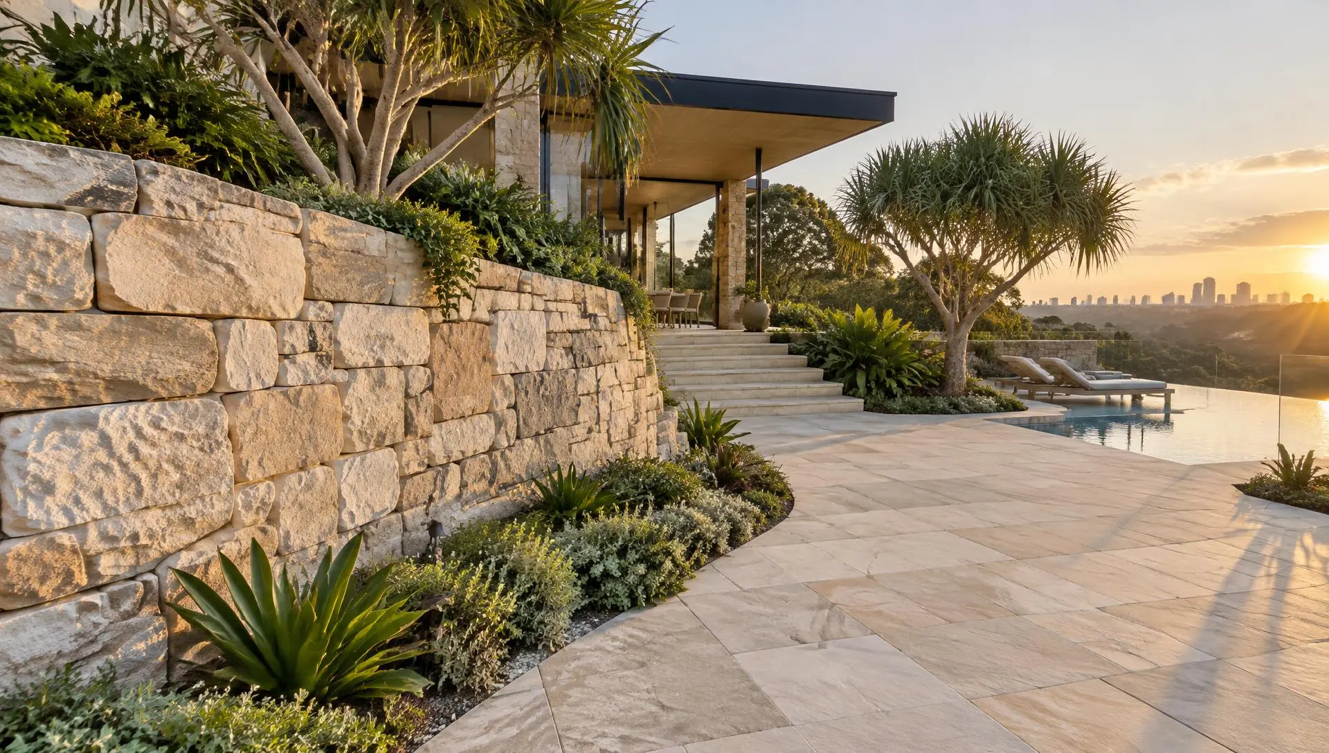 Natural stone retaining walls and paving at a completed Queensland home